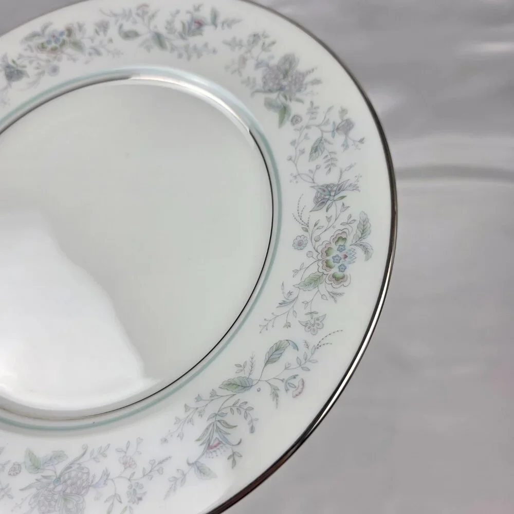 FOUR Oxford China Spring Salad Plate Multicolor Floral Rim Aqua Band